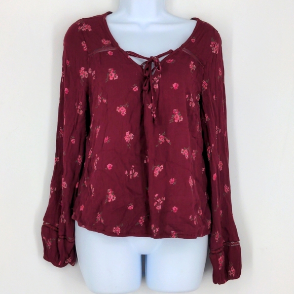 Hollister Loose Flowy Boho Festival Red Pink Floral Shirt Top Blouse Size Large - Picture 1 of 7